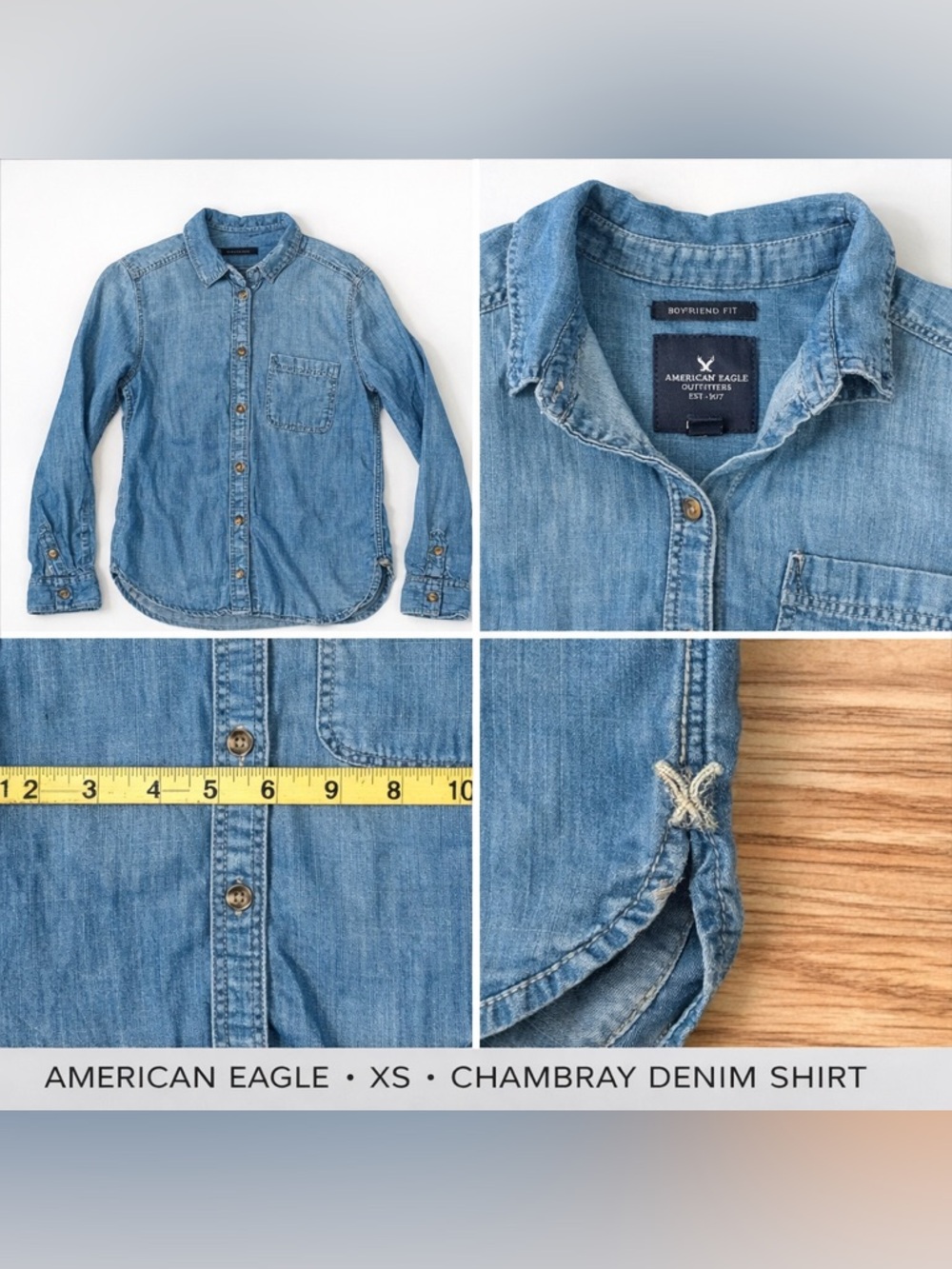 American Eagle Denim Chambray Button Down Shirt XS Boyfriend Fit Blue